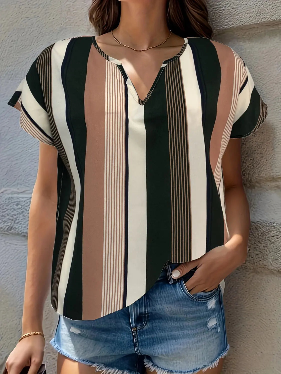 Striped Notched Short Sleeve Blouse Trendsi