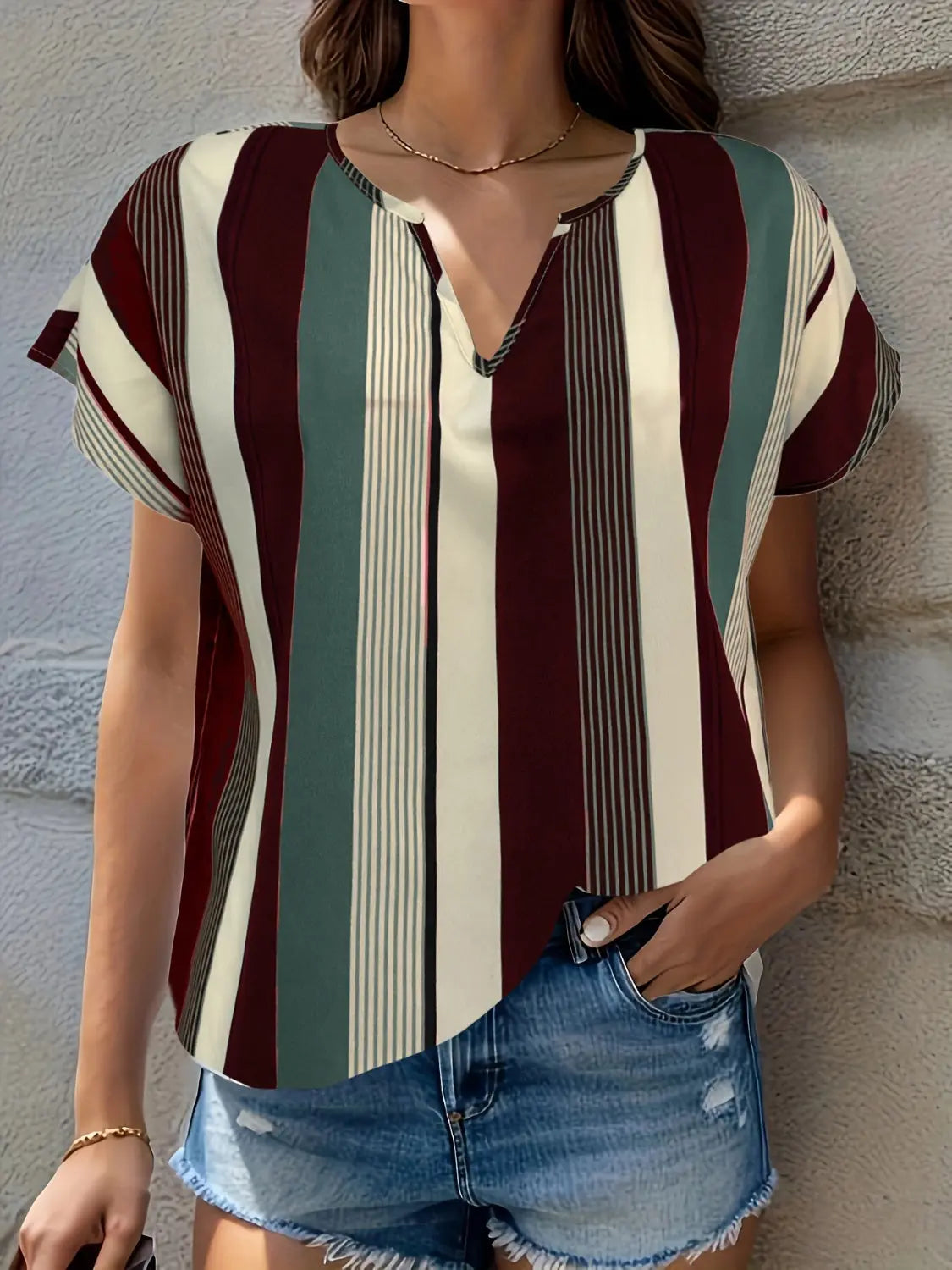 Striped Notched Short Sleeve Blouse Trendsi