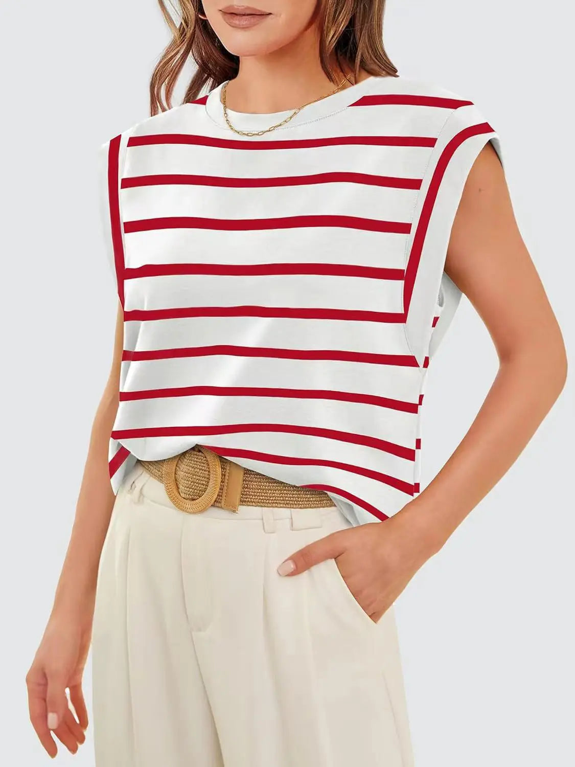 Striped Round Neck Cap Sleeve T-Shirt Trendsi