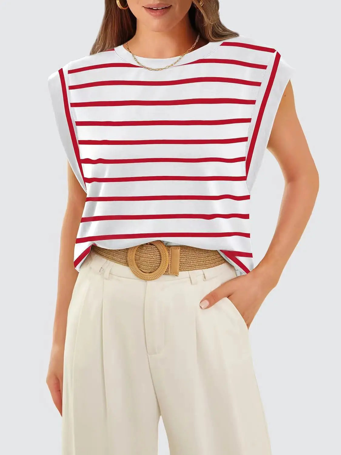 Striped Round Neck Cap Sleeve T-Shirt Trendsi