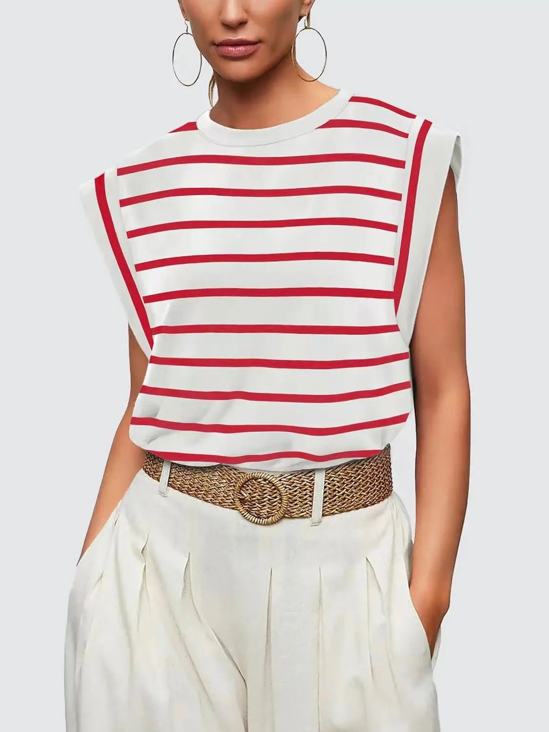 Striped Round Neck Cap Sleeve T-Shirt Trendsi