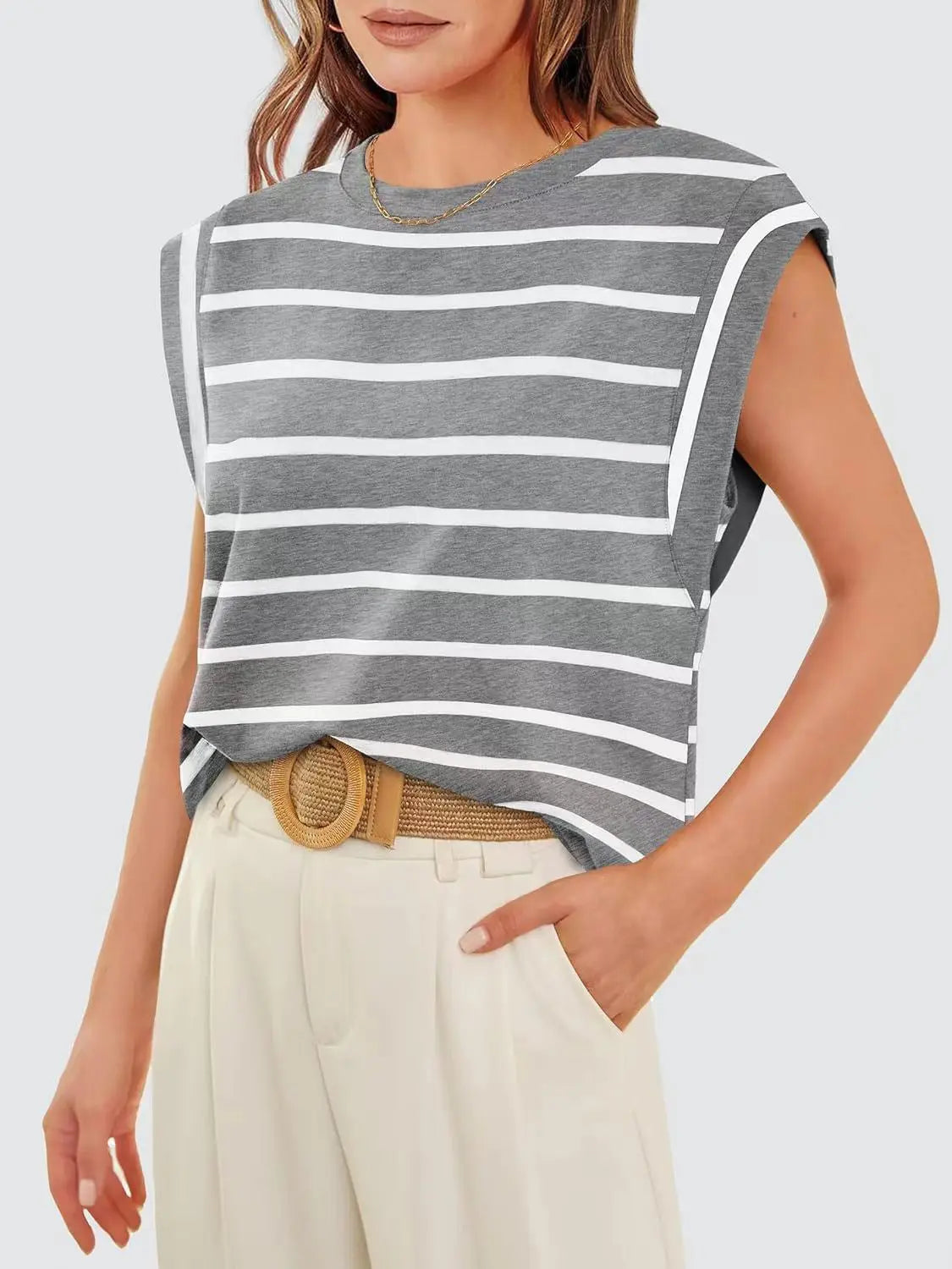 Striped Round Neck Cap Sleeve T-Shirt Trendsi