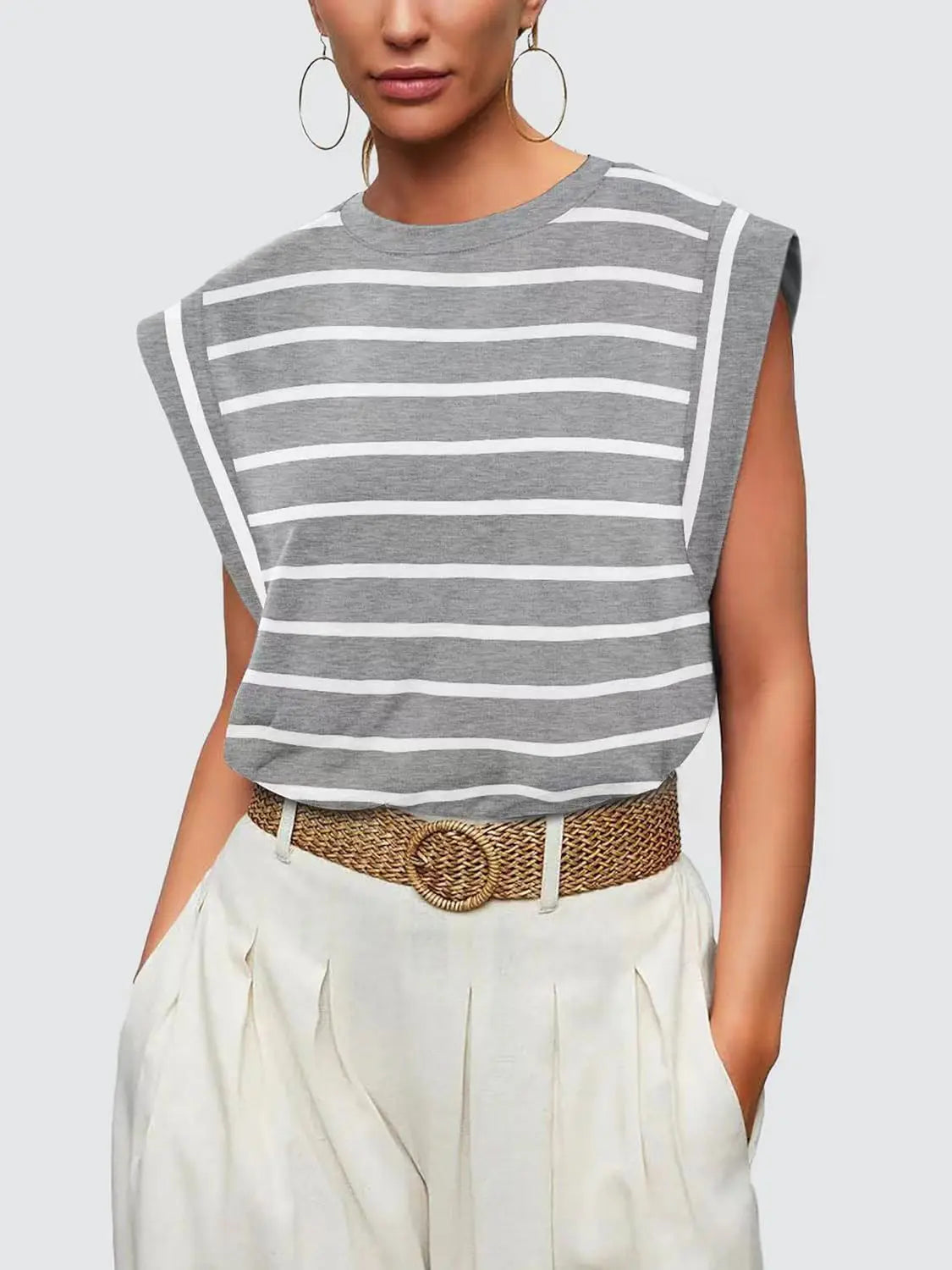 Striped Round Neck Cap Sleeve T-Shirt Trendsi