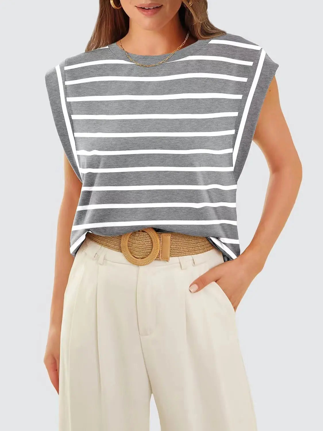 Striped Round Neck Cap Sleeve T-Shirt Trendsi