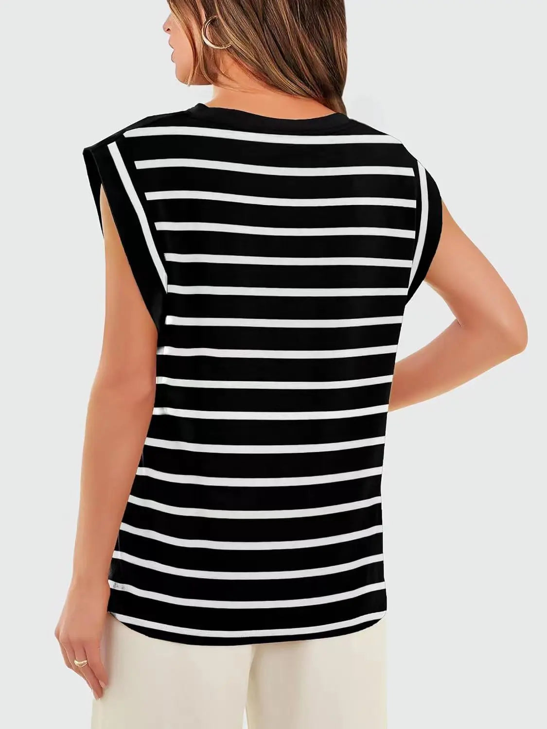 Striped Round Neck Cap Sleeve T-Shirt Trendsi