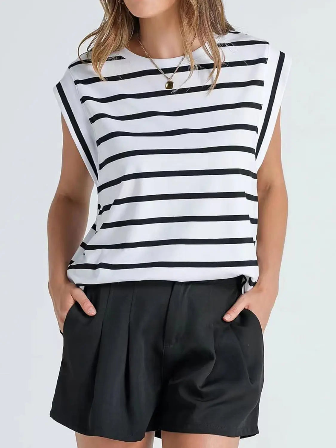 Striped Round Neck Cap Sleeve T-Shirt Trendsi