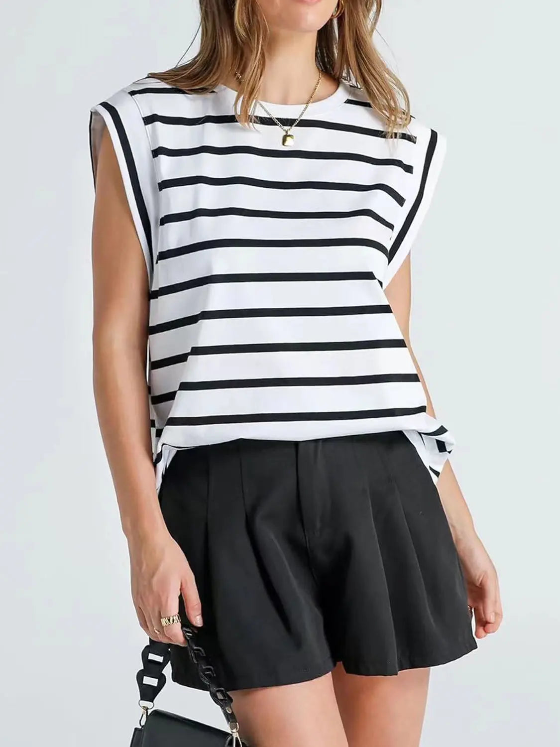 Striped Round Neck Cap Sleeve T-Shirt Trendsi