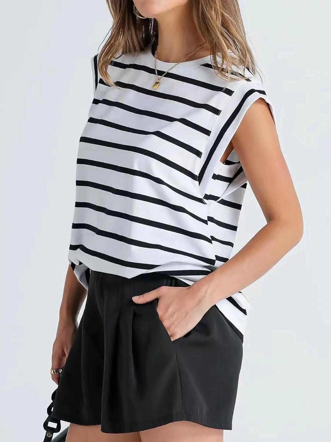 Striped Round Neck Cap Sleeve T-Shirt Trendsi