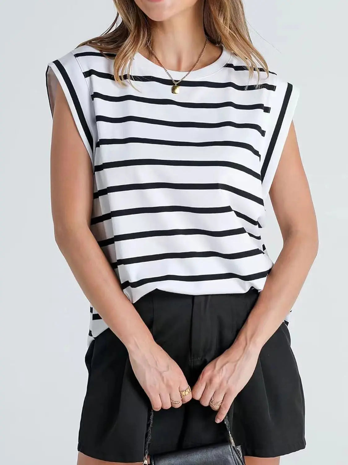 Striped Round Neck Cap Sleeve T-Shirt Trendsi