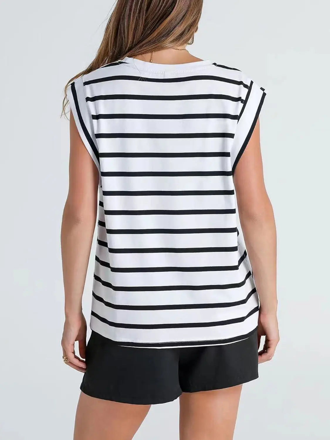 Striped Round Neck Cap Sleeve T-Shirt Trendsi