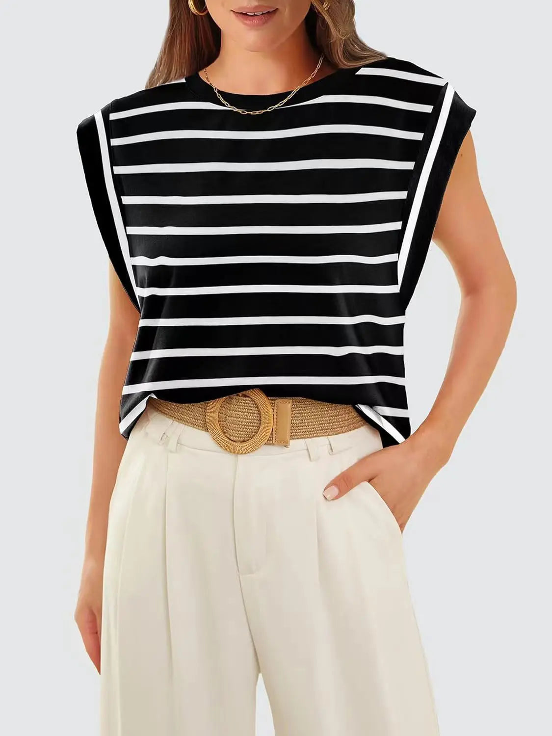 Striped Round Neck Cap Sleeve T-Shirt Trendsi