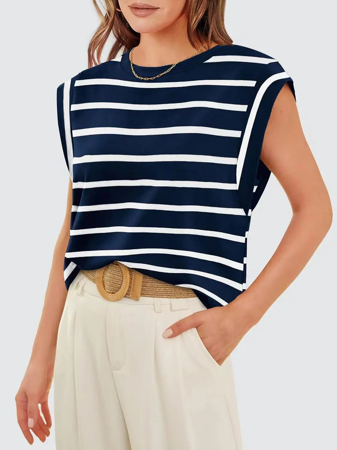 Striped Round Neck Cap Sleeve T-Shirt Trendsi