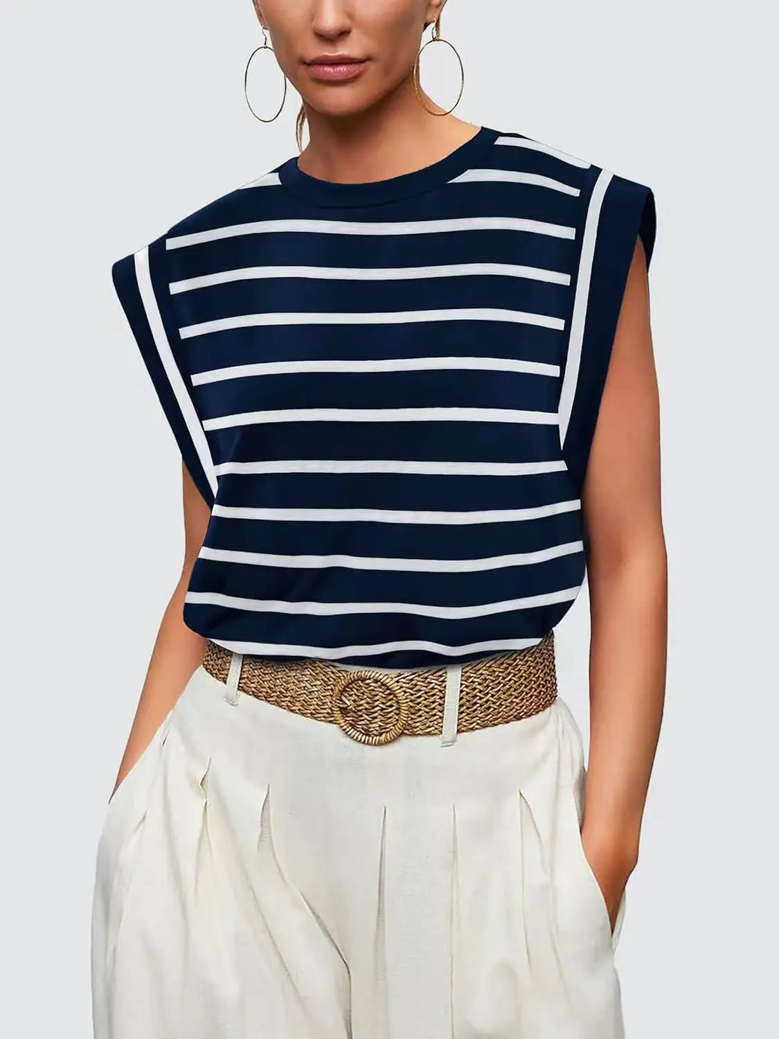 Striped Round Neck Cap Sleeve T-Shirt Trendsi