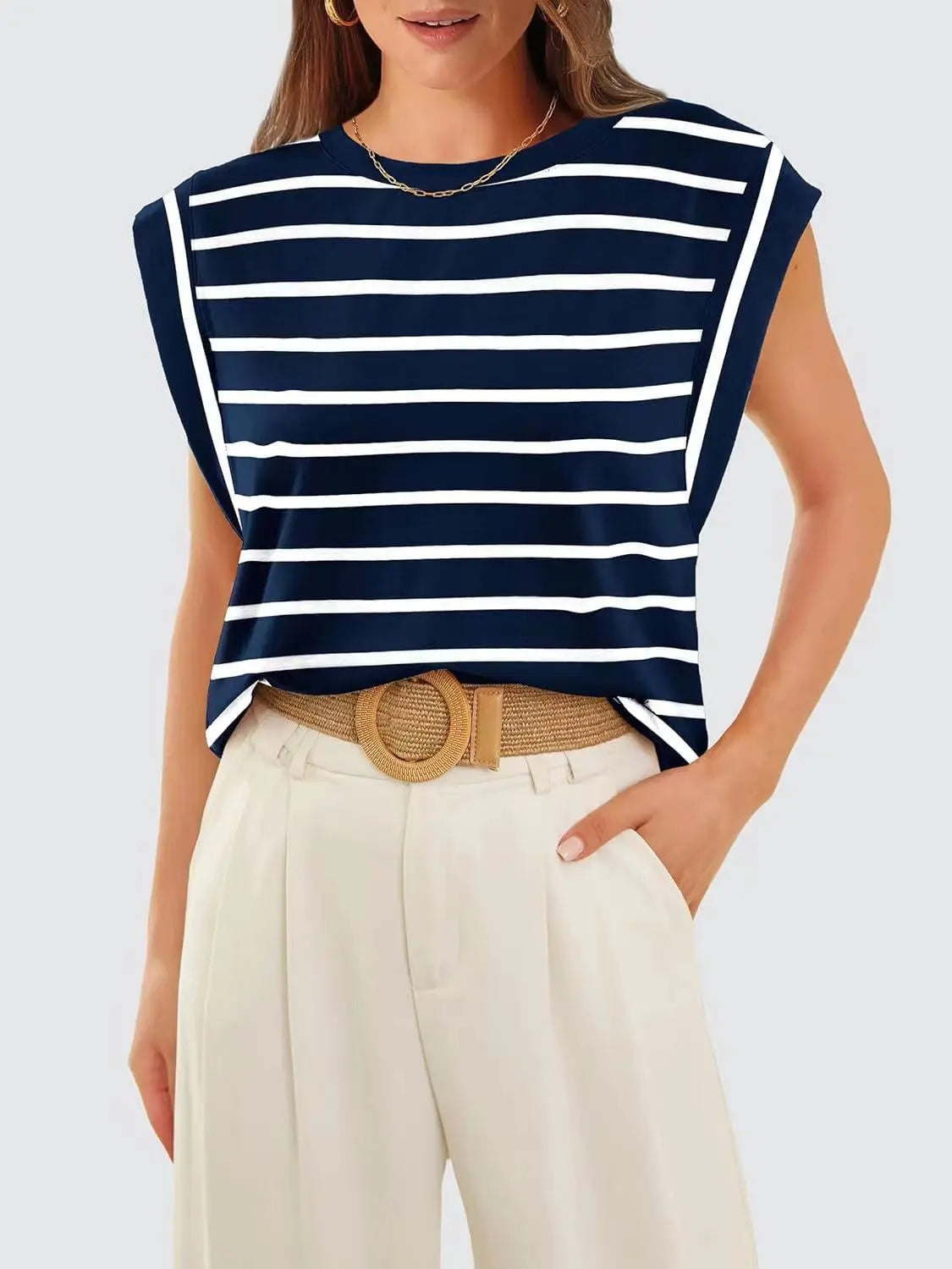 Striped Round Neck Cap Sleeve T-Shirt Trendsi