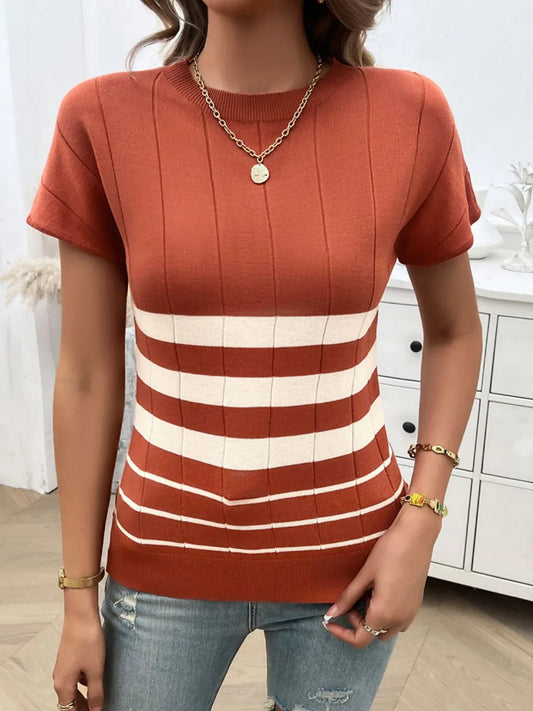 Striped Round Neck Short Sleeve Knit Top Trendsi