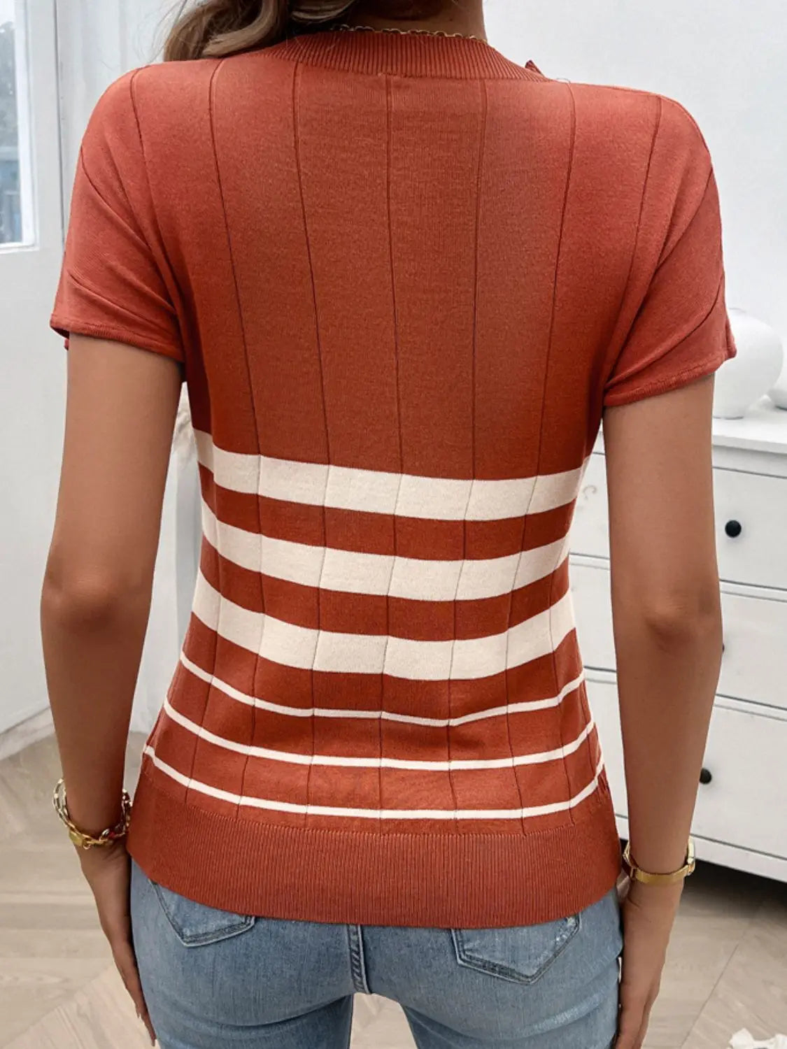 Striped Round Neck Short Sleeve Knit Top Trendsi