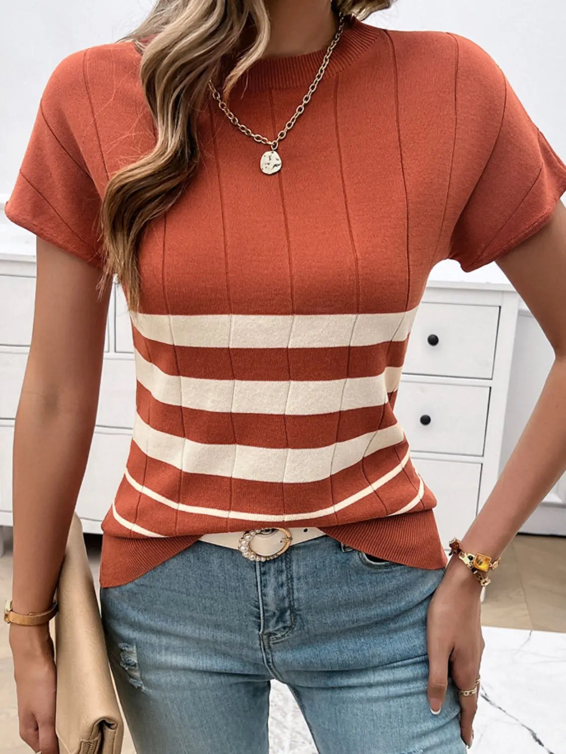 Striped Round Neck Short Sleeve Knit Top Trendsi