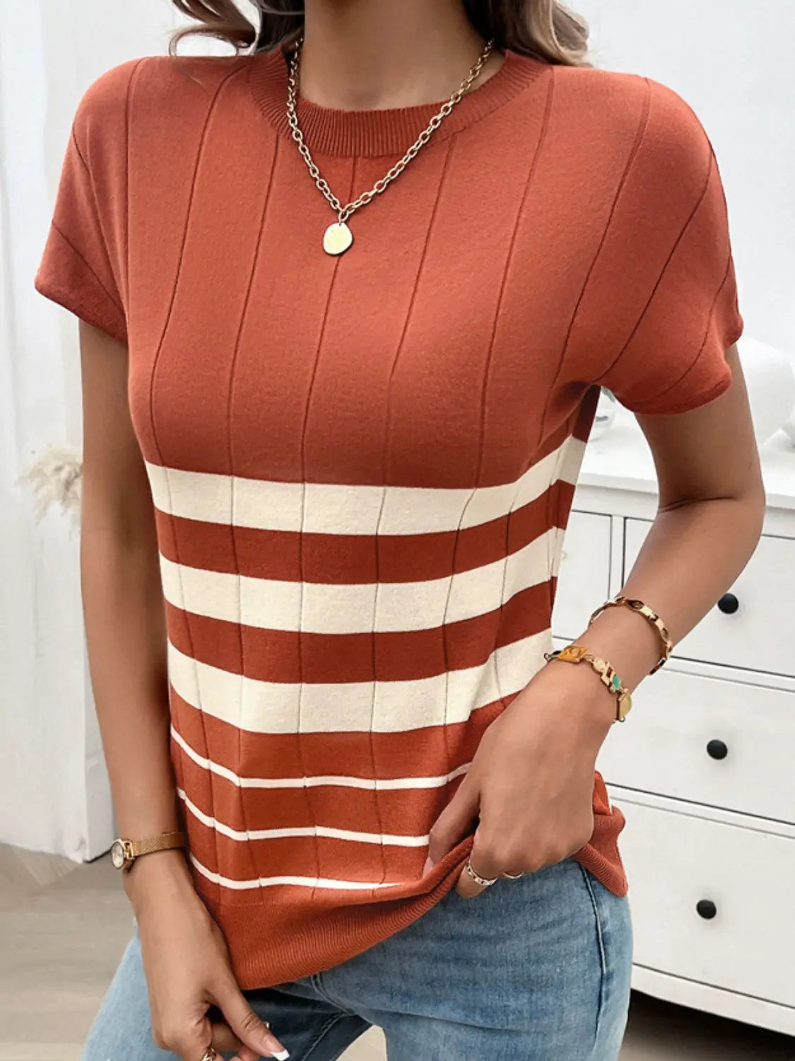 Striped Round Neck Short Sleeve Knit Top Trendsi