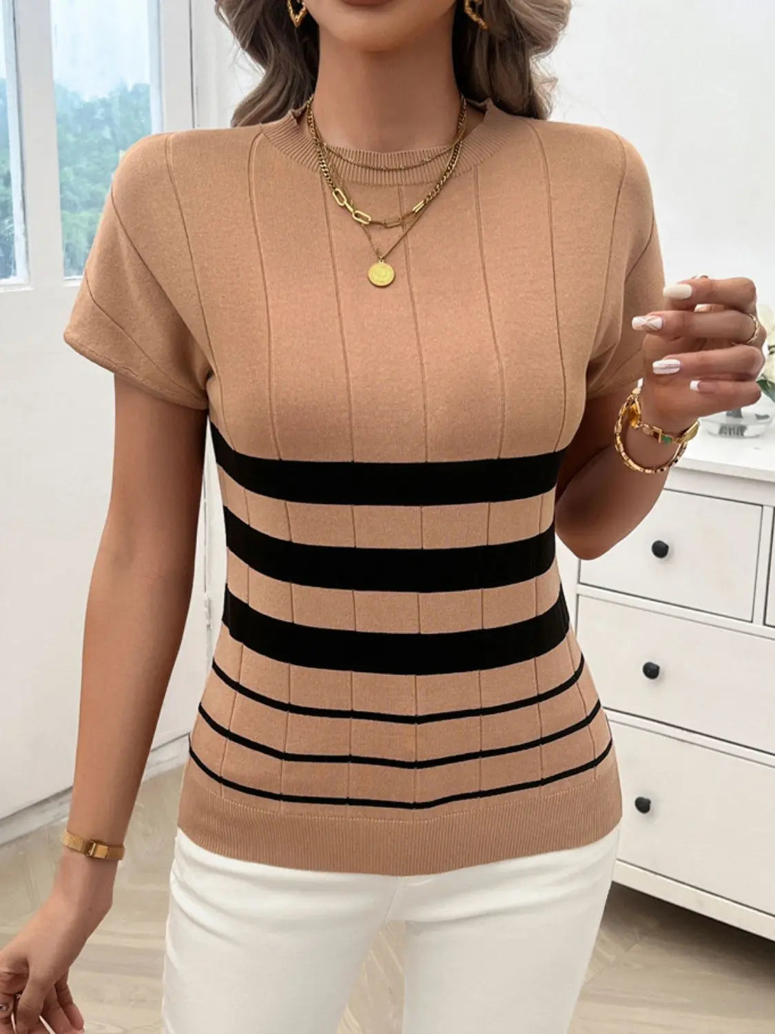 Striped Round Neck Short Sleeve Knit Top Trendsi