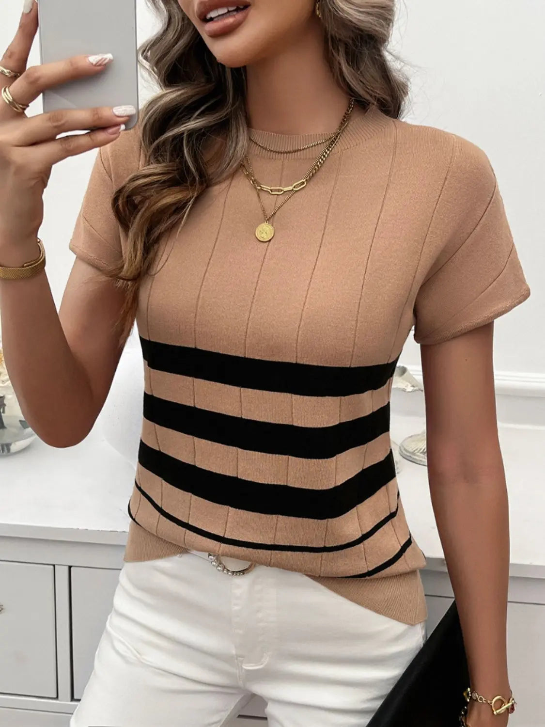 Striped Round Neck Short Sleeve Knit Top Trendsi