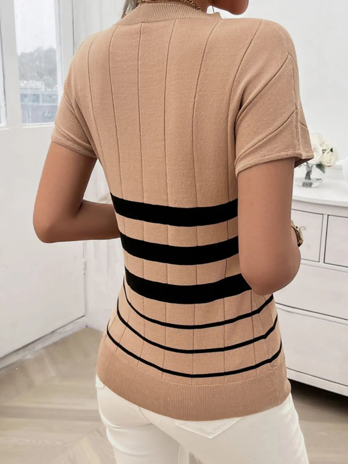 Striped Round Neck Short Sleeve Knit Top Trendsi