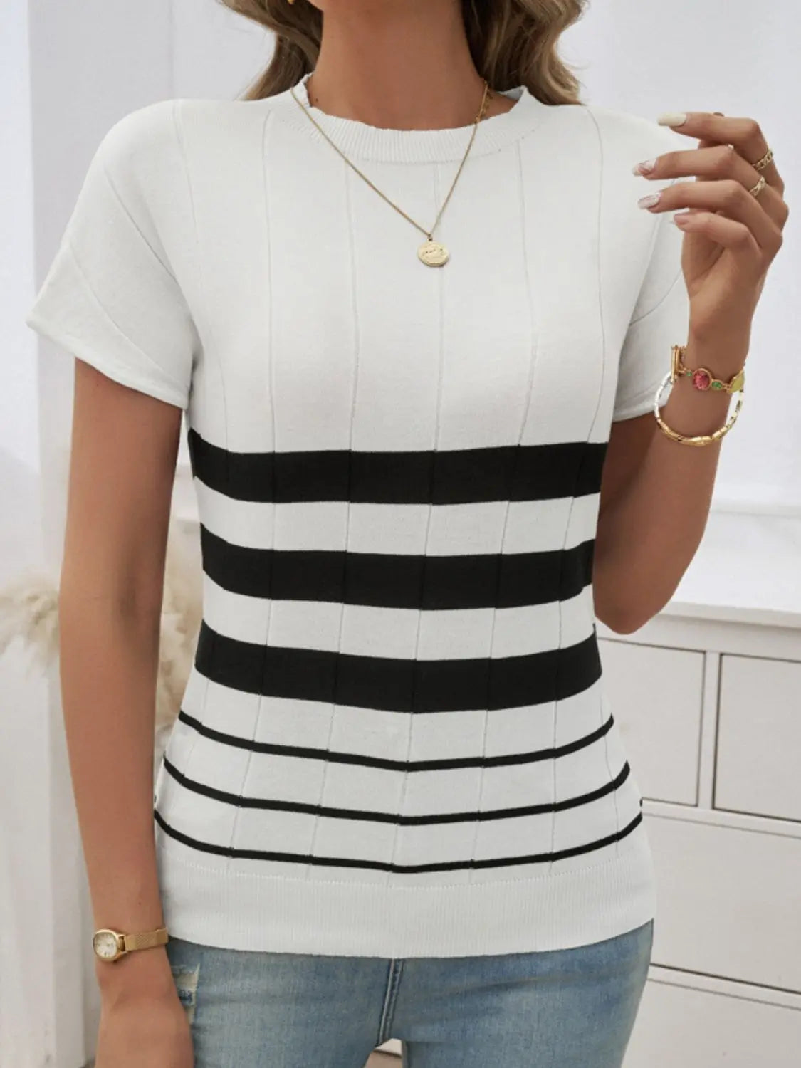 Striped Round Neck Short Sleeve Knit Top Trendsi