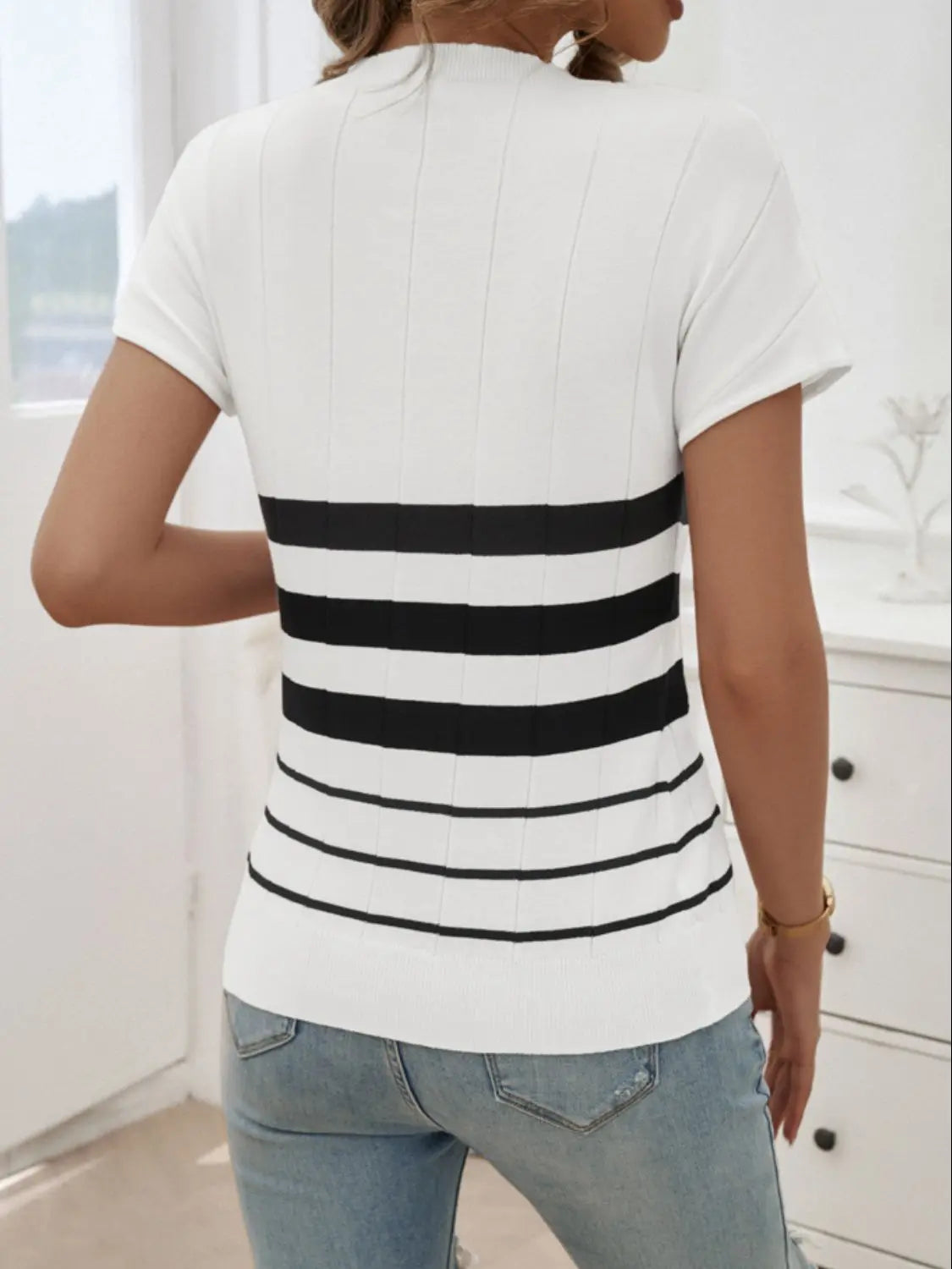 Striped Round Neck Short Sleeve Knit Top Trendsi