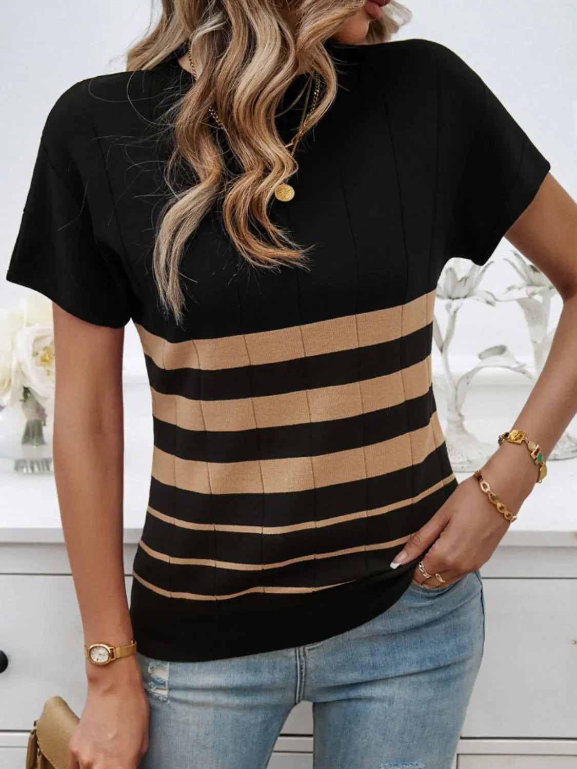 Striped Round Neck Short Sleeve Knit Top Trendsi