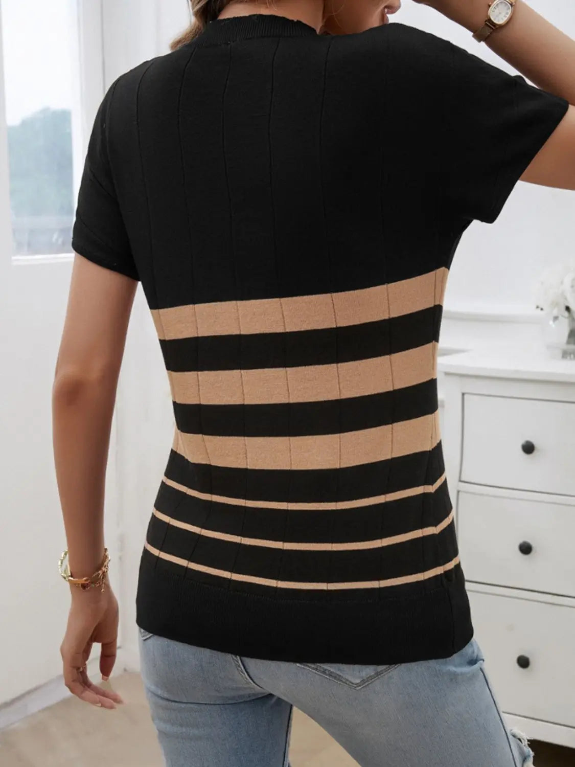 Striped Round Neck Short Sleeve Knit Top Trendsi