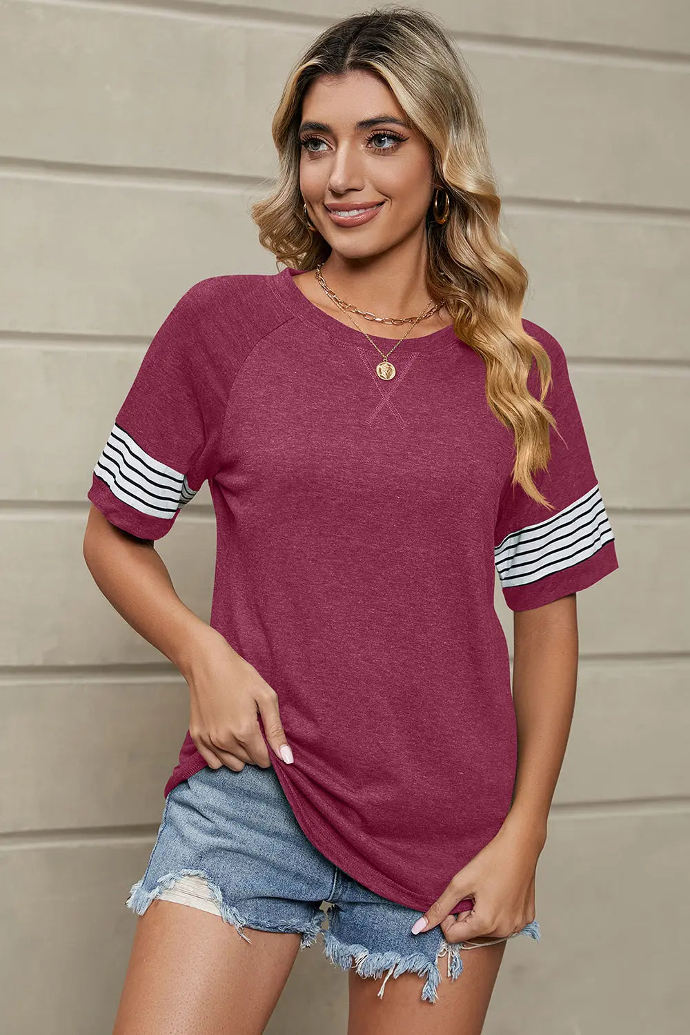 Striped Round Neck Short Sleeve T-Shirt Trendsi