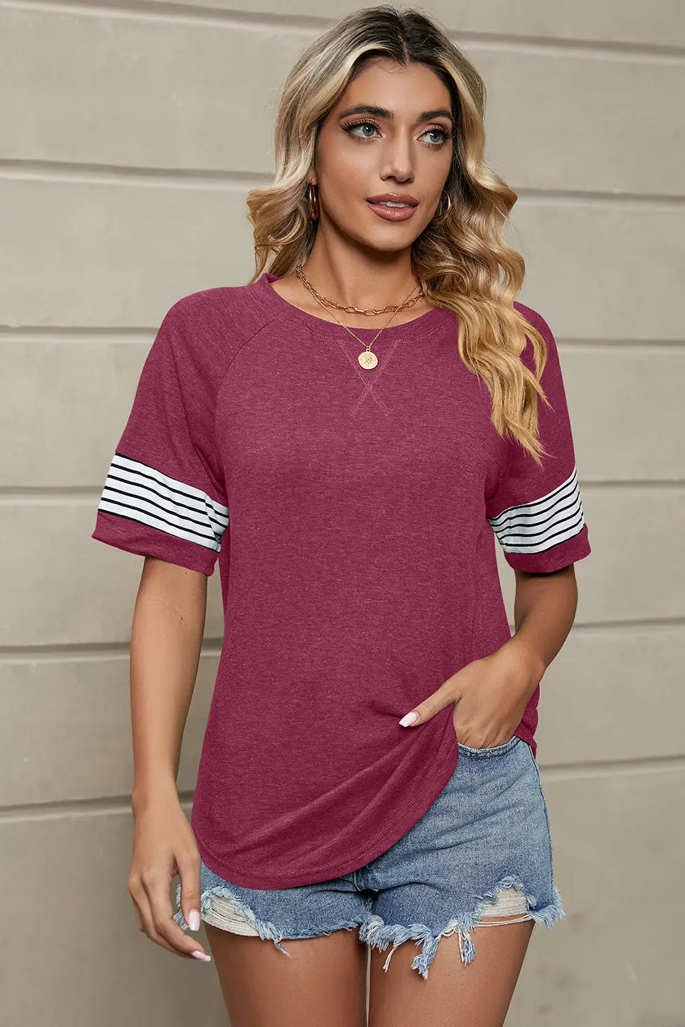 Striped Round Neck Short Sleeve T-Shirt Trendsi