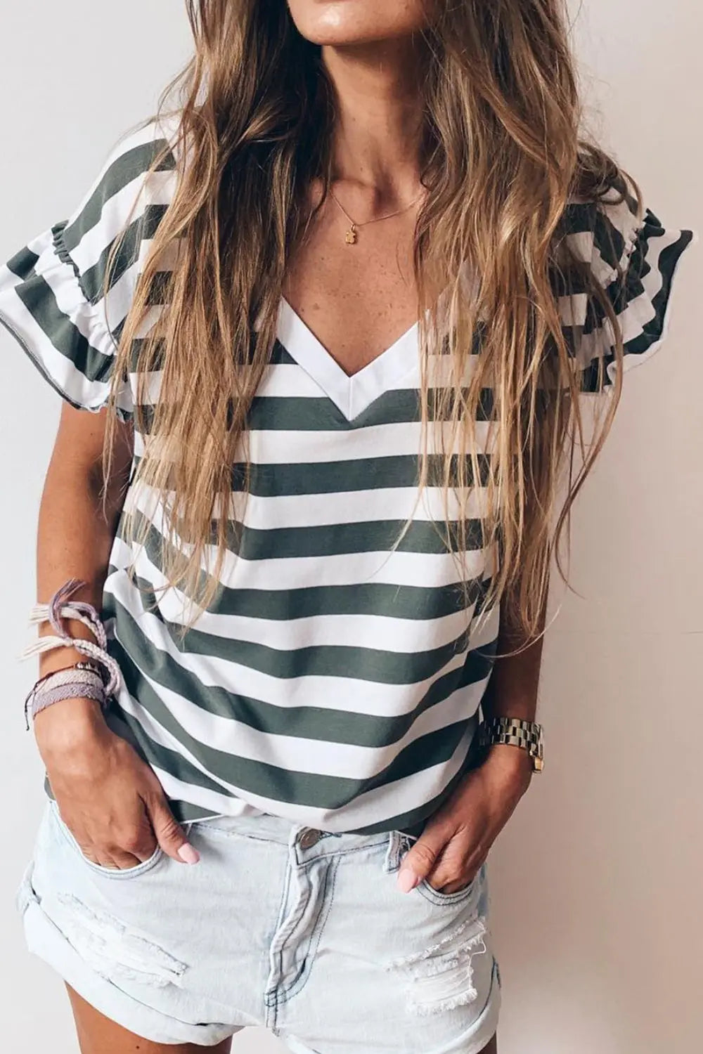 Striped V-Neck Flounce Sleeve Top Trendsi