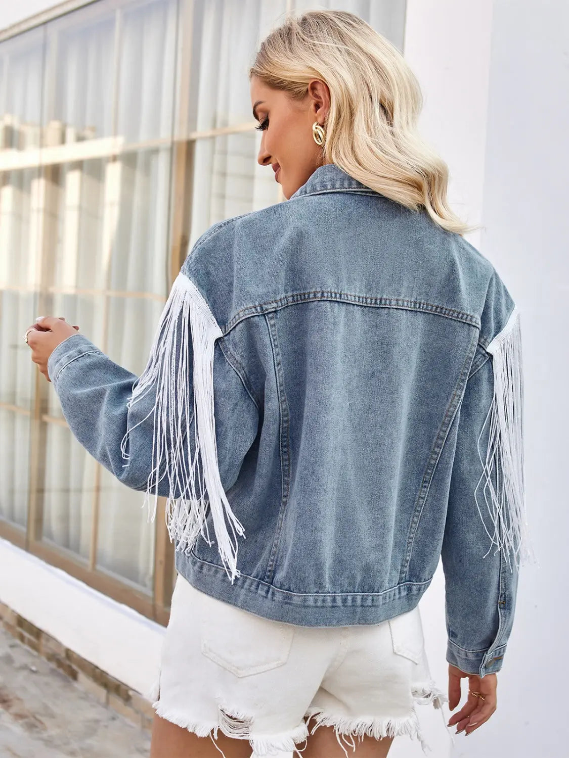 Tassel Button Up Dropped Shoulder Denim Jacket Trendsi