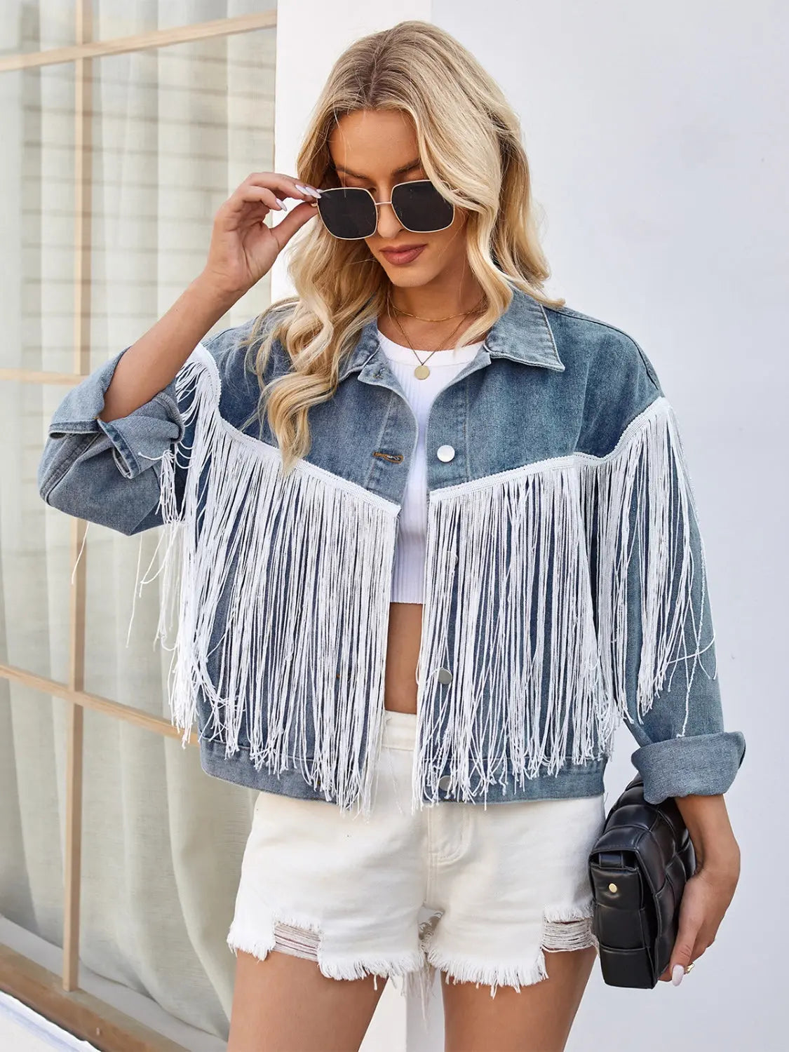 Tassel Button Up Dropped Shoulder Denim Jacket Trendsi