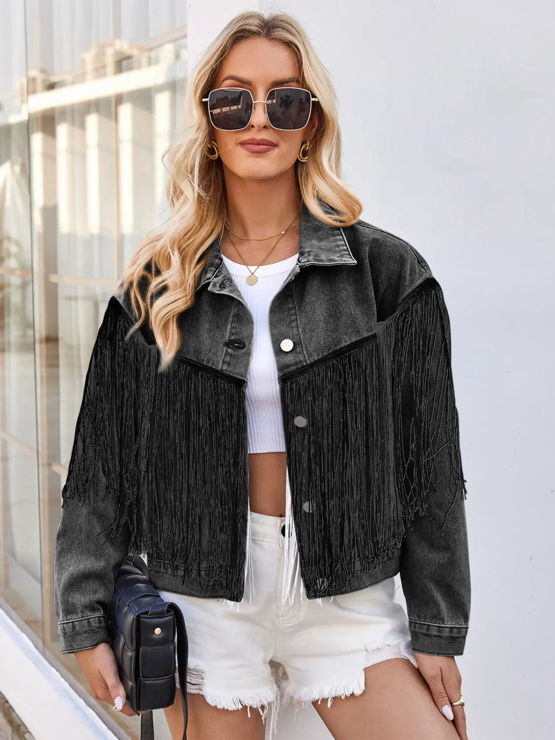 Tassel Button Up Dropped Shoulder Denim Jacket Trendsi