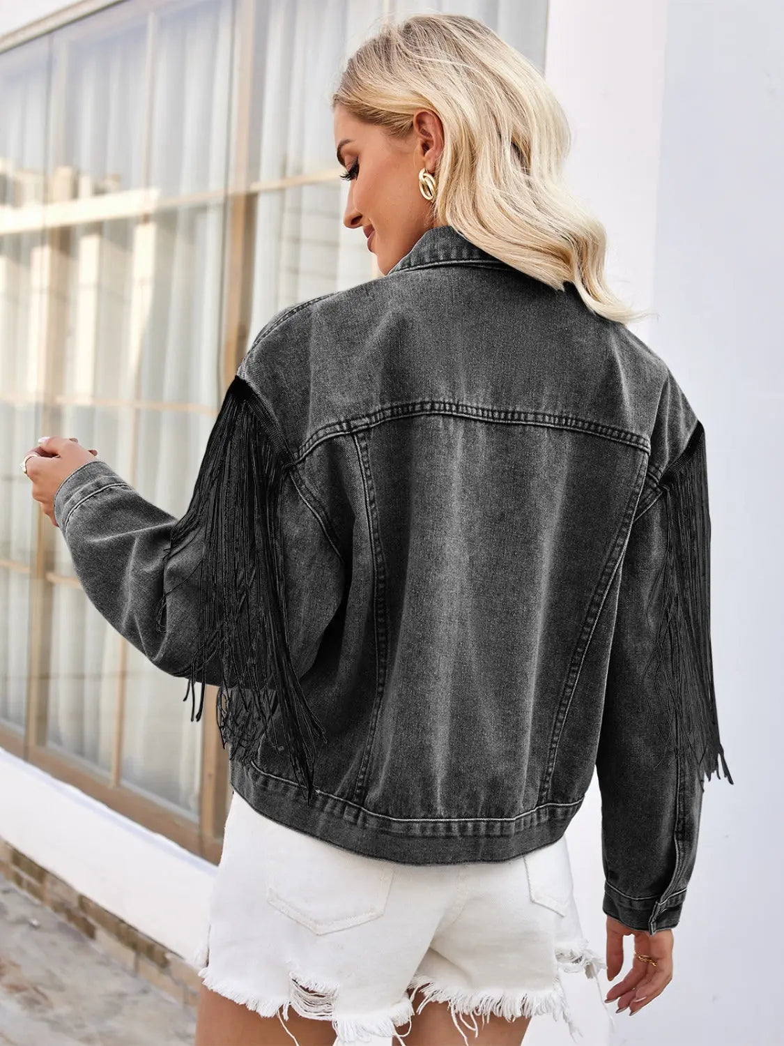 Tassel Button Up Dropped Shoulder Denim Jacket Trendsi