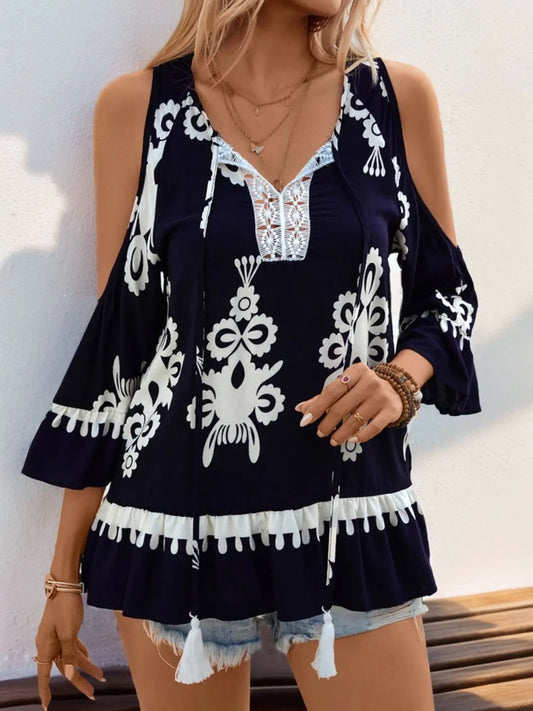 Tassel Printed Tie Neck Cold Shoulder Blouse Trendsi