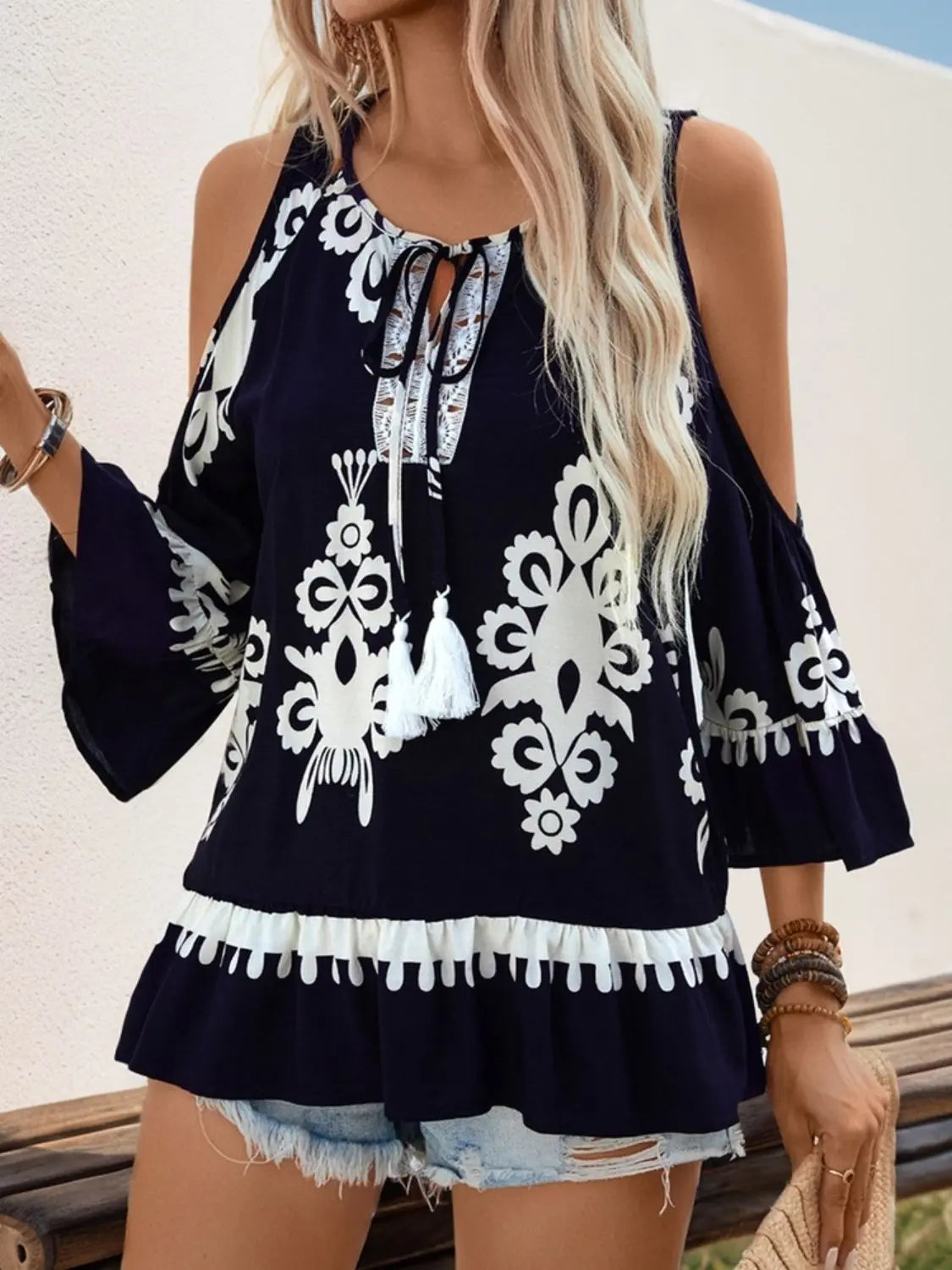 Tassel Printed Tie Neck Cold Shoulder Blouse Trendsi