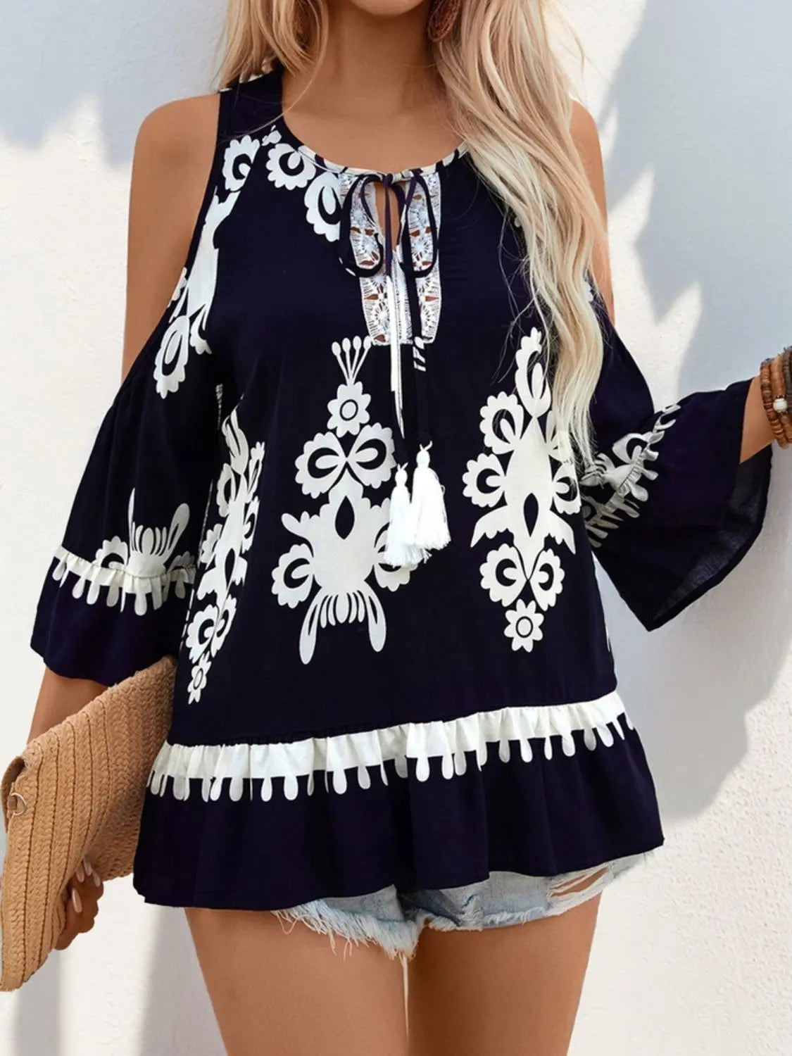 Tassel Printed Tie Neck Cold Shoulder Blouse Trendsi