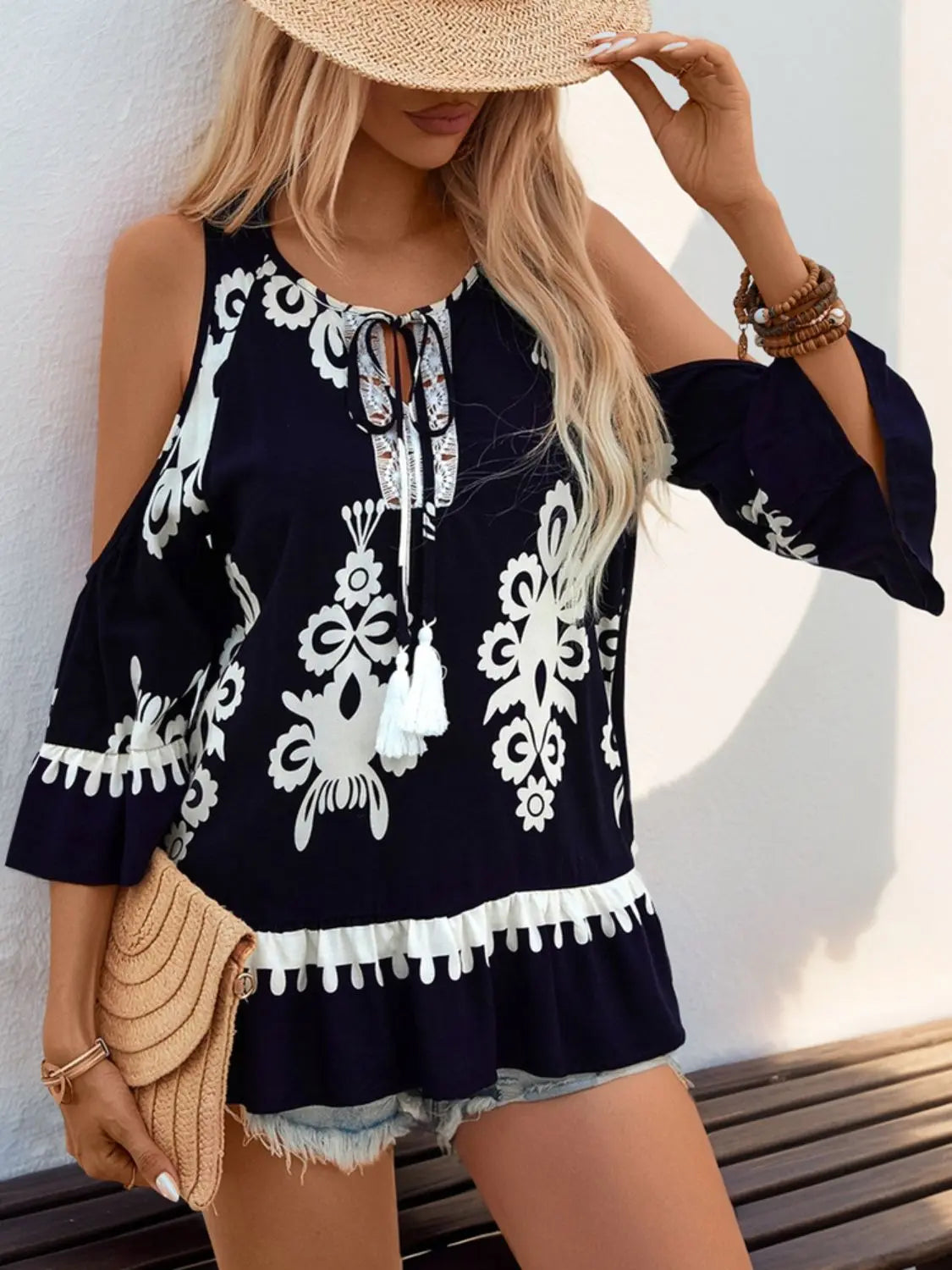 Tassel Printed Tie Neck Cold Shoulder Blouse Trendsi