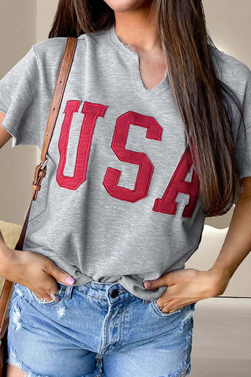 USA Notched Short Sleeve T-Shirt Trendsi