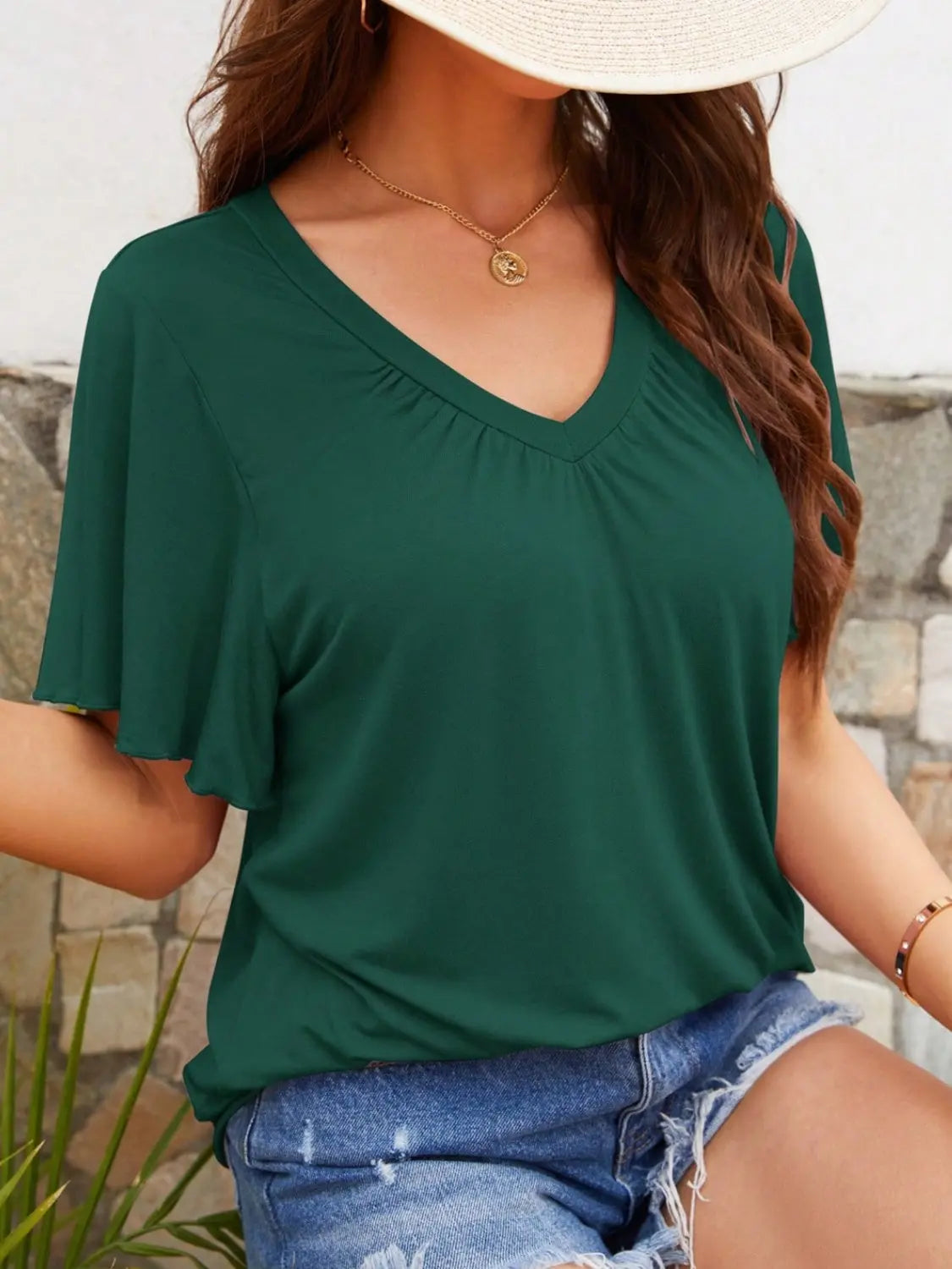 V-Neck Flutter Sleeve T-Shirt Trendsi