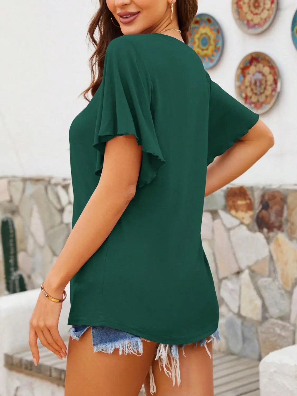 V-Neck Flutter Sleeve T-Shirt Trendsi