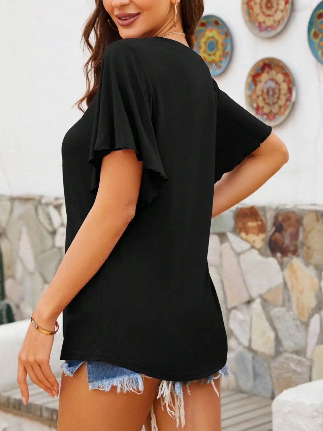 V-Neck Flutter Sleeve T-Shirt Trendsi