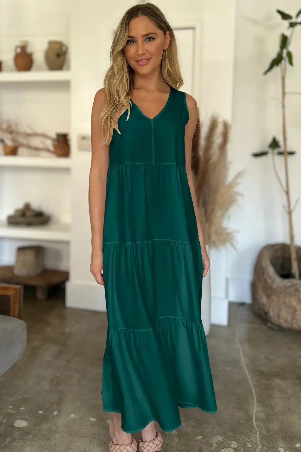 V-Neck Sleeveless Midi Tiered Dress Trendsi