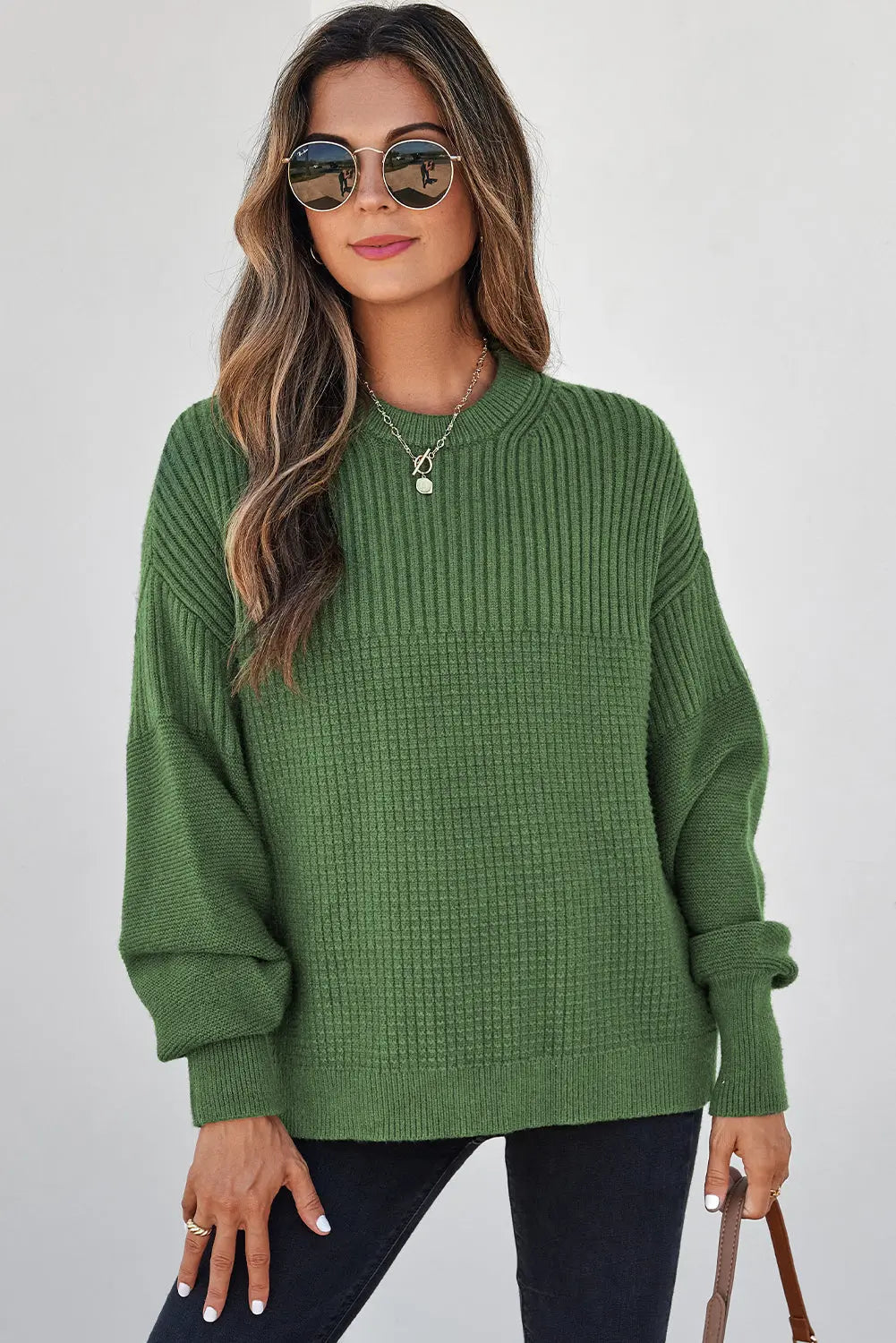 Vineyard Green Solid Color Mixed Textured Knitted Crew Neck Sweater Dear-Lover Dropshipping