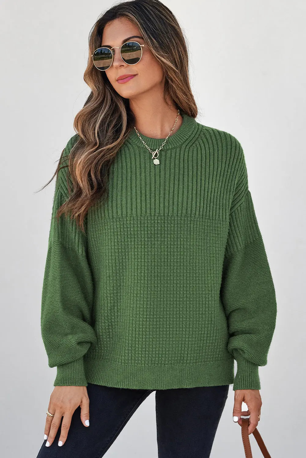 Vineyard Green Solid Color Mixed Textured Knitted Crew Neck Sweater Dear-Lover Dropshipping