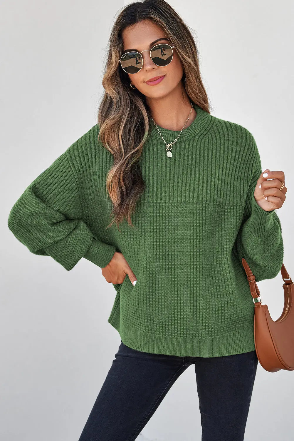 Vineyard Green Solid Color Mixed Textured Knitted Crew Neck Sweater Dear-Lover Dropshipping