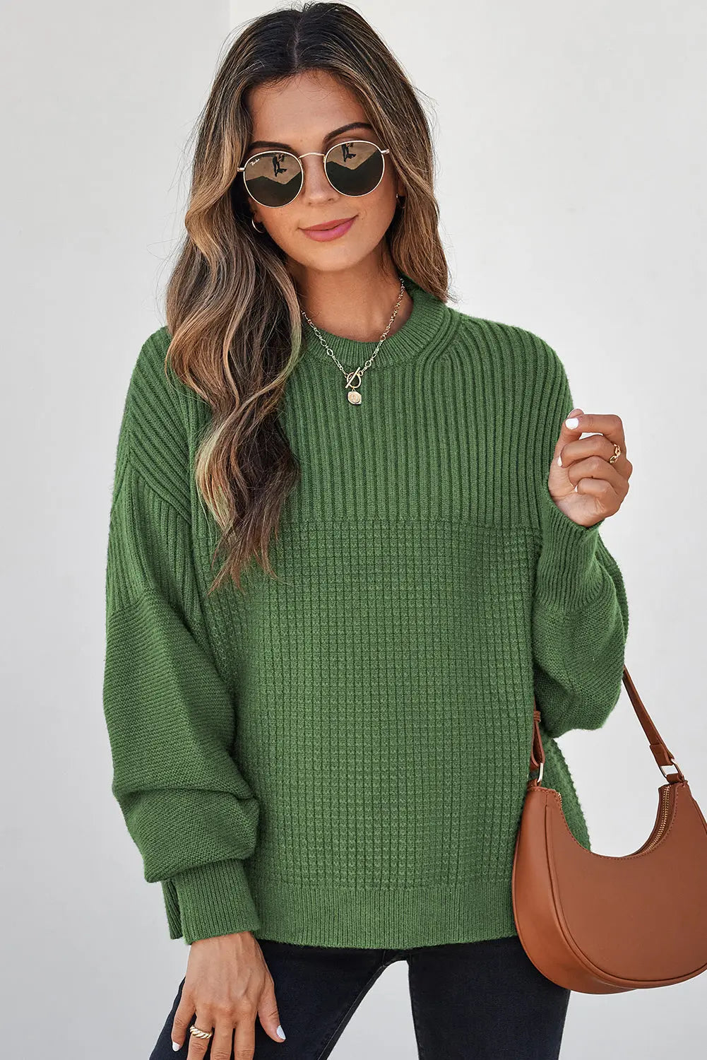 Vineyard Green Solid Color Mixed Textured Knitted Crew Neck Sweater Dear-Lover Dropshipping