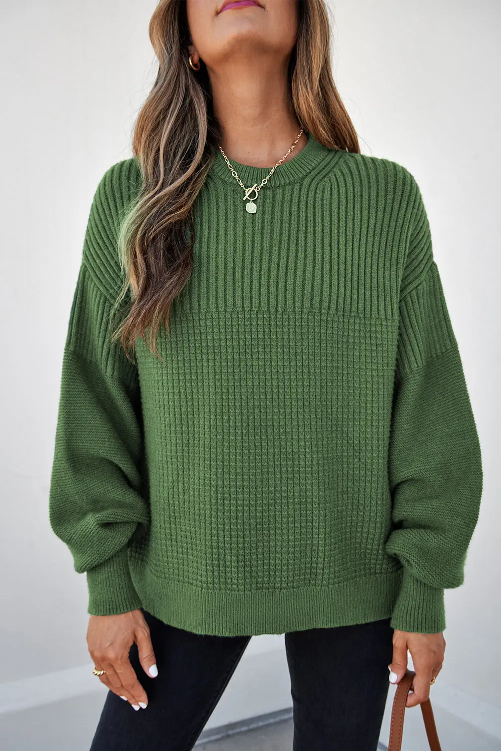 Vineyard Green Solid Color Mixed Textured Knitted Crew Neck Sweater Dear-Lover Dropshipping
